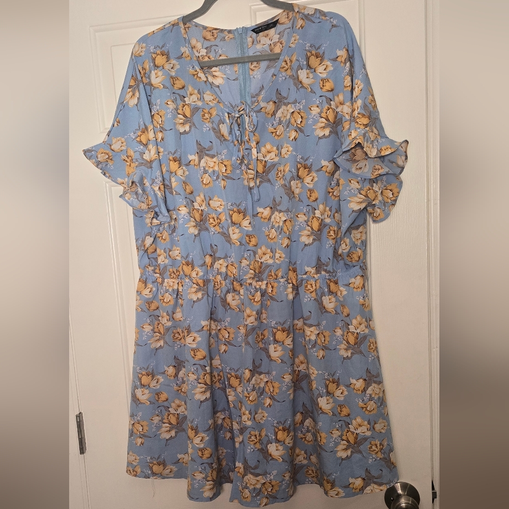 Blue and Yellow Ruffled Romper with Flutter Sleeves